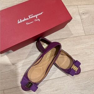 Brand new Salvatore Ferragamo Purple Peep-Toe Flats with Gold Buckle
